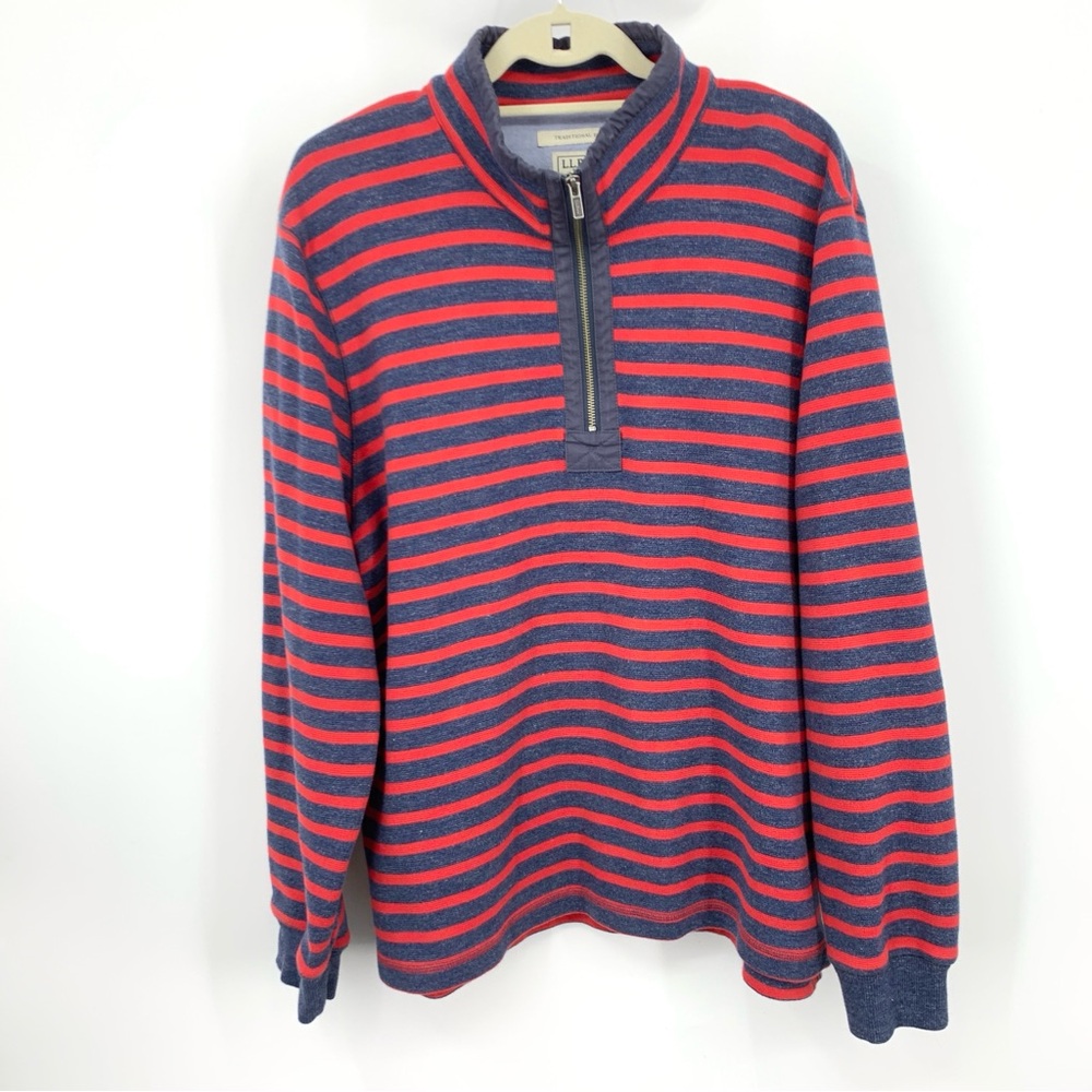 LL‎ Bean Men Size XL Sweater 1/4 Zip Pullover Top Sweatshirt Red Blue Striped